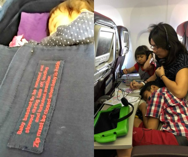 (Left) You can request for a baby bassinet when you fly and you will get bigger leg room too! However, this is very limited, so do your check-ins earlier. (Right) Painting together is fun! (Image Credit: Jo-Ann)