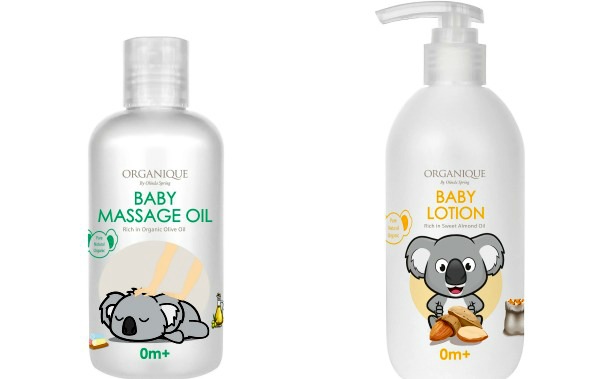 (Left) Enriched with organic olive oil, Organique’s baby massage oil softens baby’s skin, while helping to soothe and relax baby. (Right) The extra gentle baby lotion features sweet almond oil which helps protect baby’s skin from dryness, roughness or flaky patches. Can be used on both face and body.