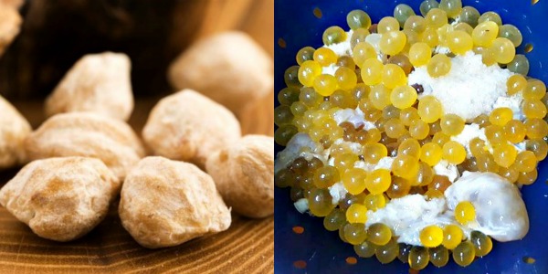 (Left) Candlenuts (image credit: AYUSHOLOGY.COM) and Yati’s batch of Telur Mayong which she bought frozen. She does, however say, the eggs taste better fresh. You can buy it from the wet market. 