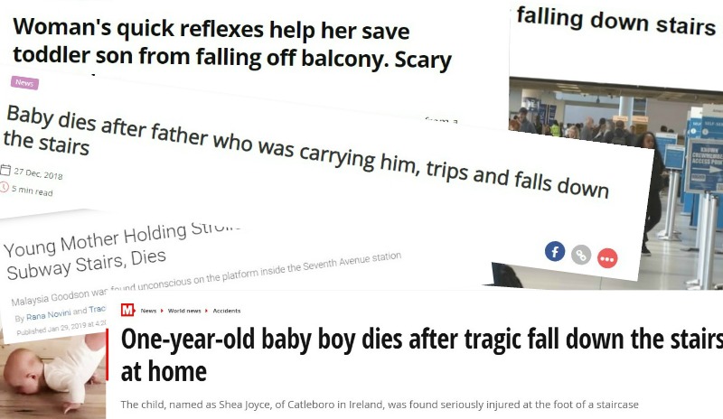 Headlines from around the world through the years. In a survey published by Safety & Health Practioner, there is a fall on stairs every 90 seconds in the UK. People of all age groups ─ especially children and the elderly ─ injure themselves on the stairs.