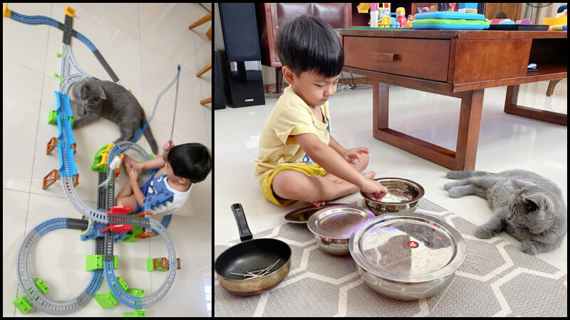 Ari loves to “cook” for Ash. Sometimes they will play their train set together and Ash will block the way!