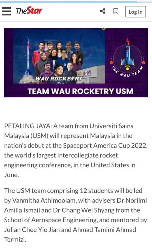 We always talk of rocket science as being the benchmark for technical difficulty. Here is a newspaper report of real rocket scientist Julian Chee Yie Jian and the team from USM who will be representing Malaysia in Spaceport America Cup 2022.