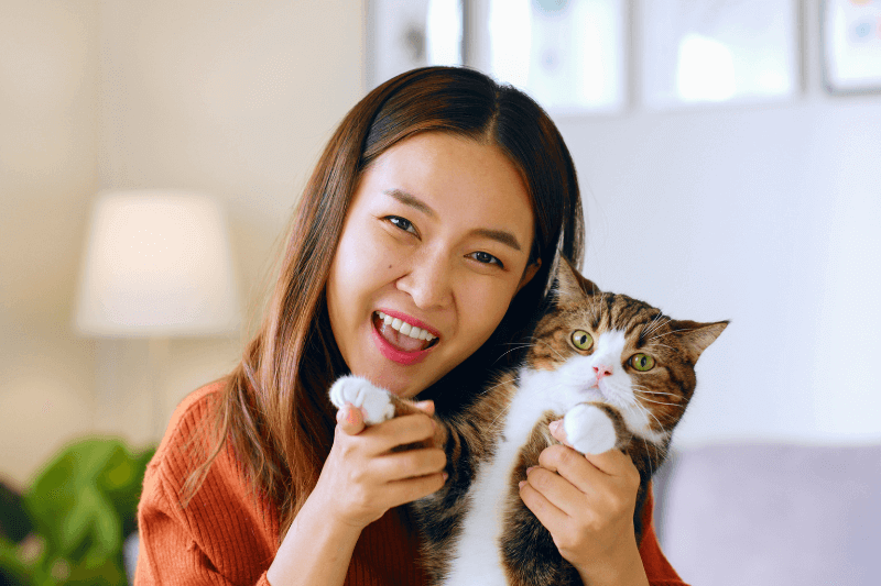 happy pregnant woman and pets